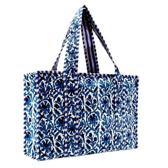 Handbags - Blue Patterned Tote Bag - Quilted Canvas Shoulder Tote